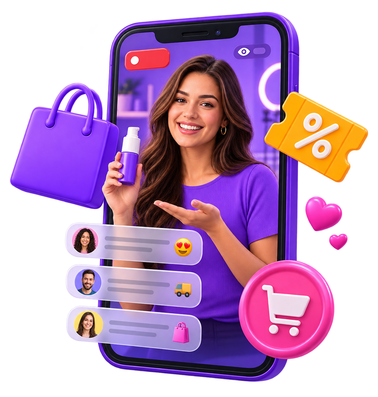 Apresentadora mostrando produto em uma Live Shop